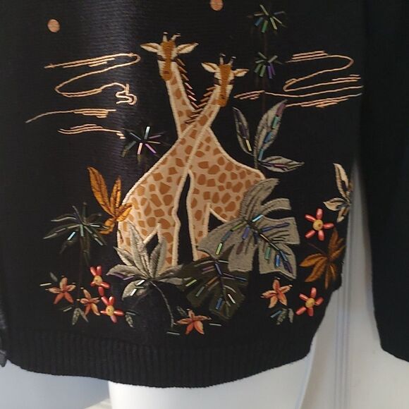 Alfred Dunner Petite 2 in 1 giraffe jungle black tan cardigan sweater combo Sz M - Picture 3 of 9